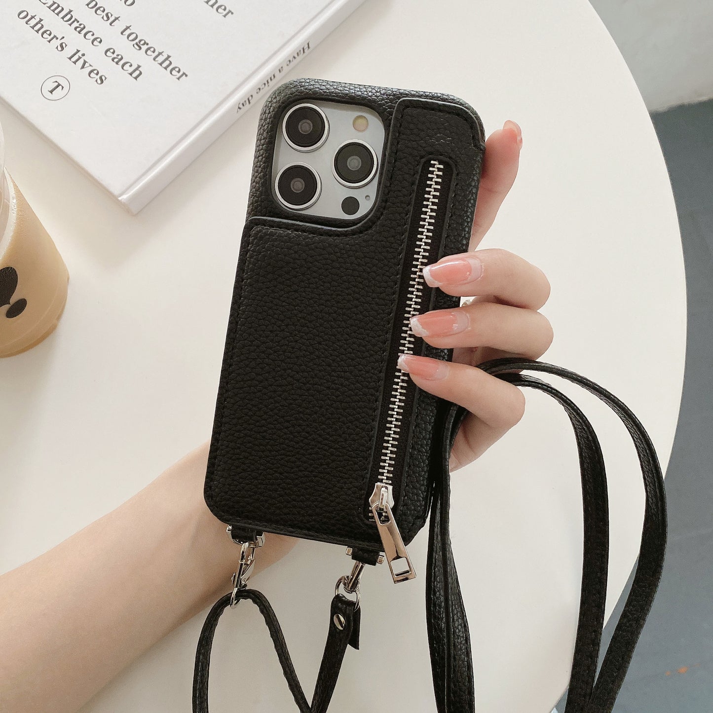 Classic Leather iPhone Case With Zip Wallet And Strap