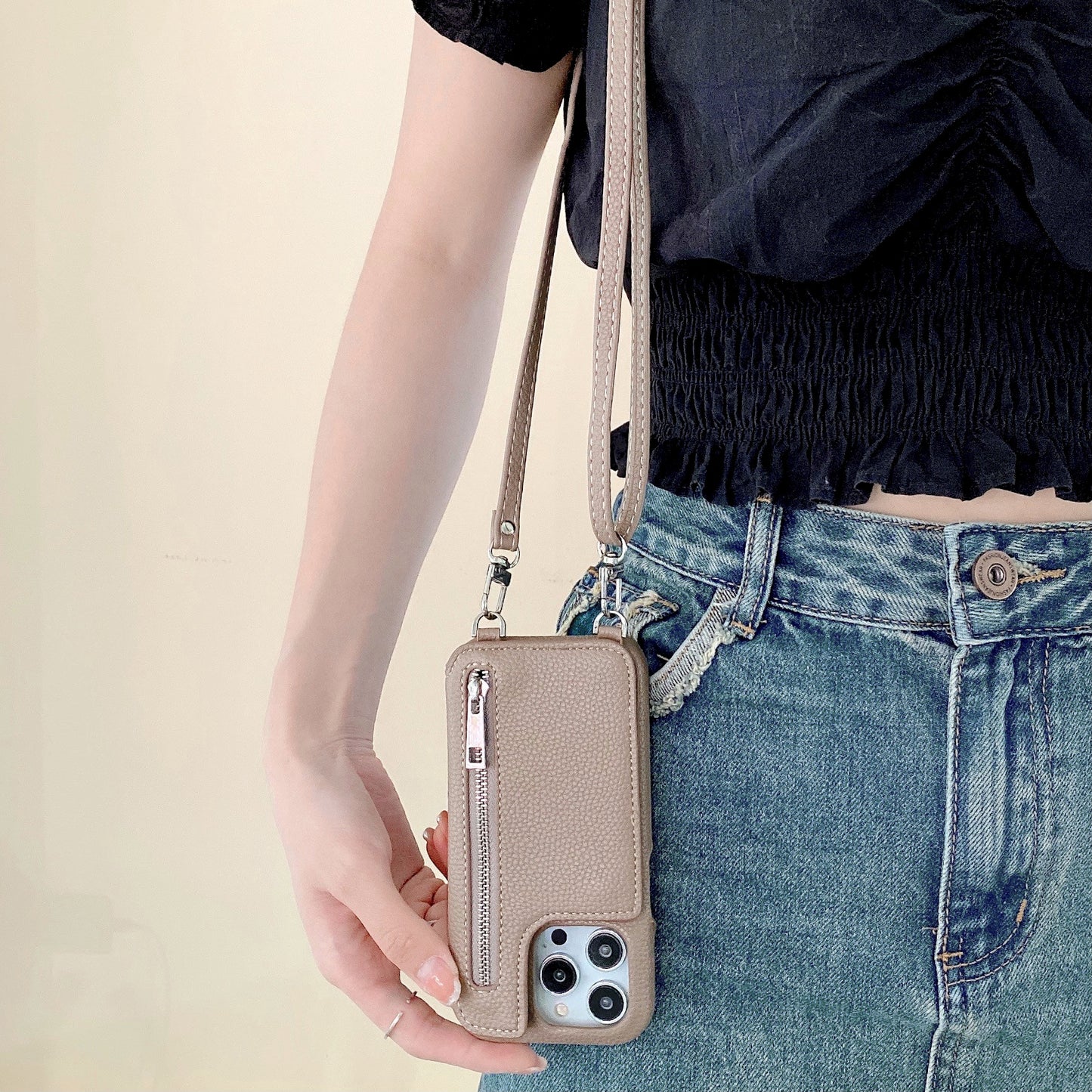 Classic Leather iPhone Case With Zip Wallet And Strap
