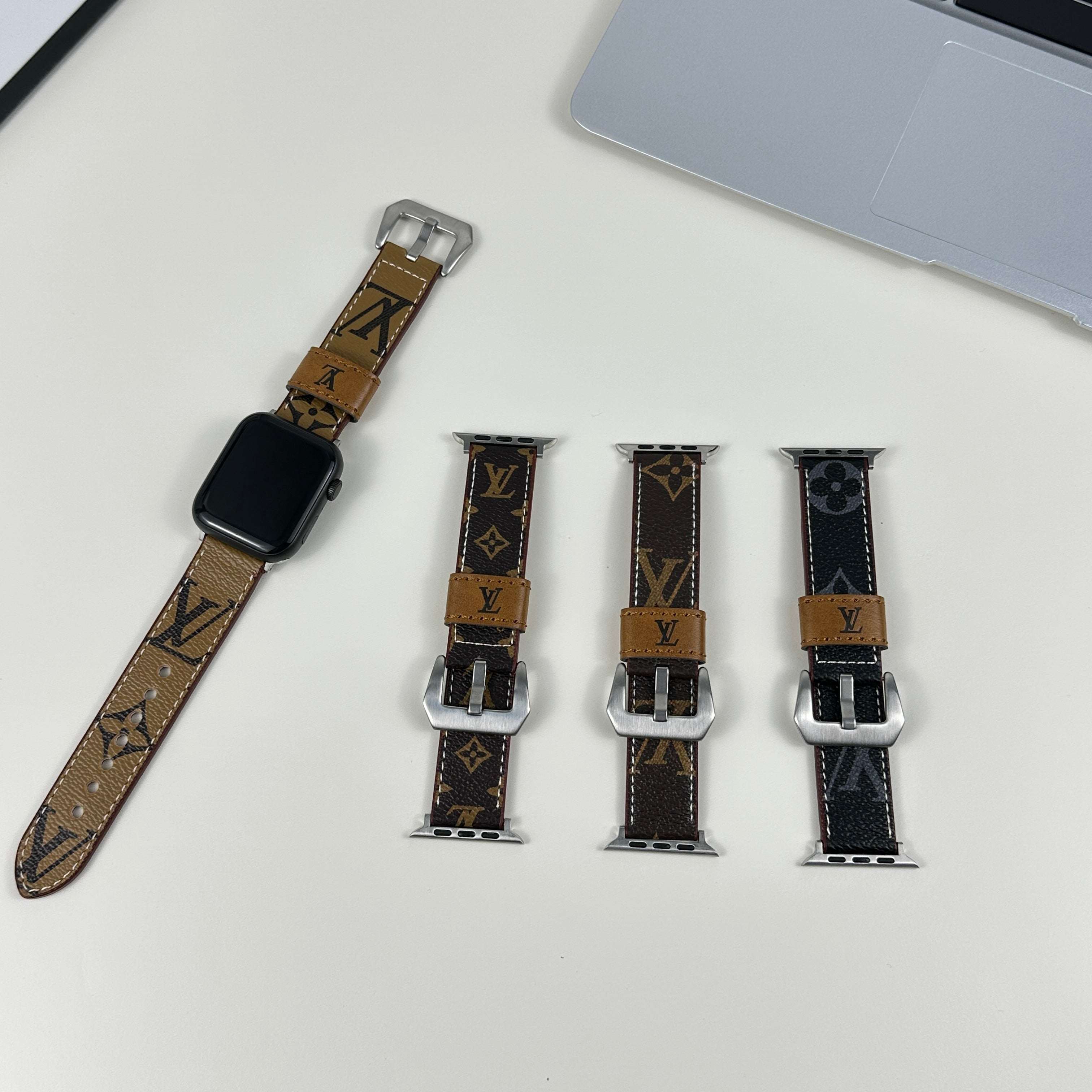 Stylish Leather Monogram Apple Watch Band Yellow Printing-CYLV017