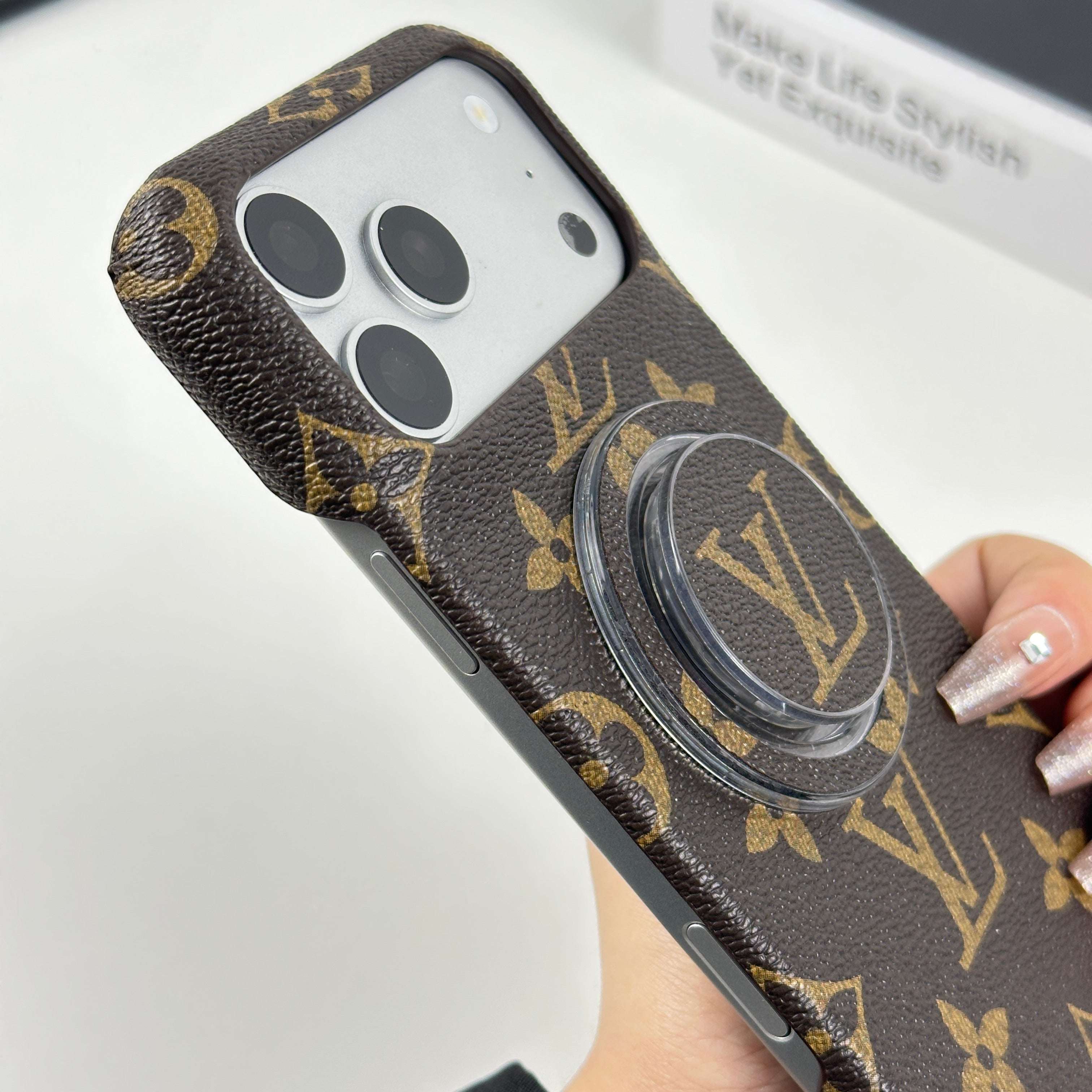 Classic Leather Monogram iPhone Case With Magnetic Stand Big Printing For iPhone 17 Series-CYLV062