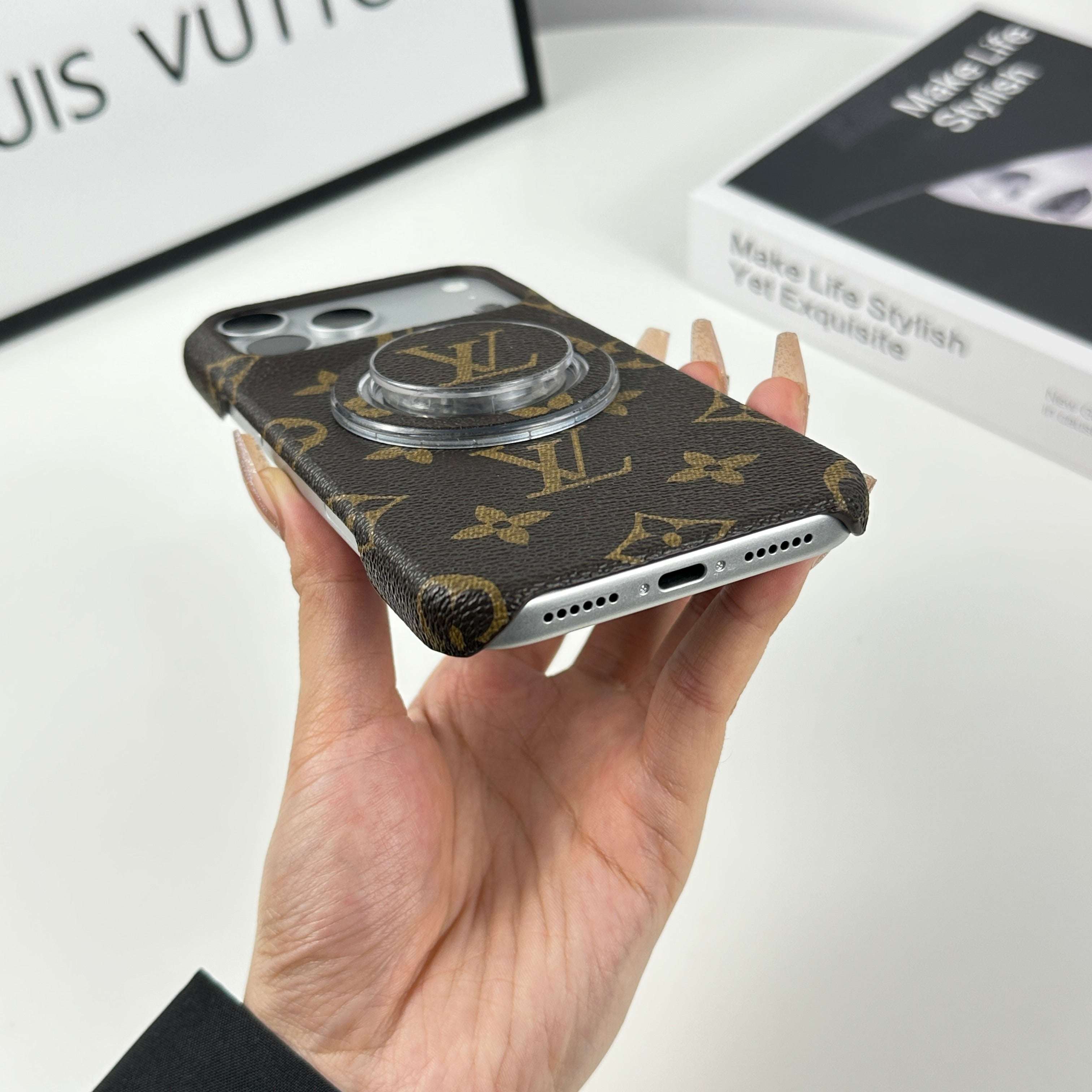 Classic Leather Monogram iPhone Case With Magnetic Stand Big Printing For iPhone 17 Series-CYLV062