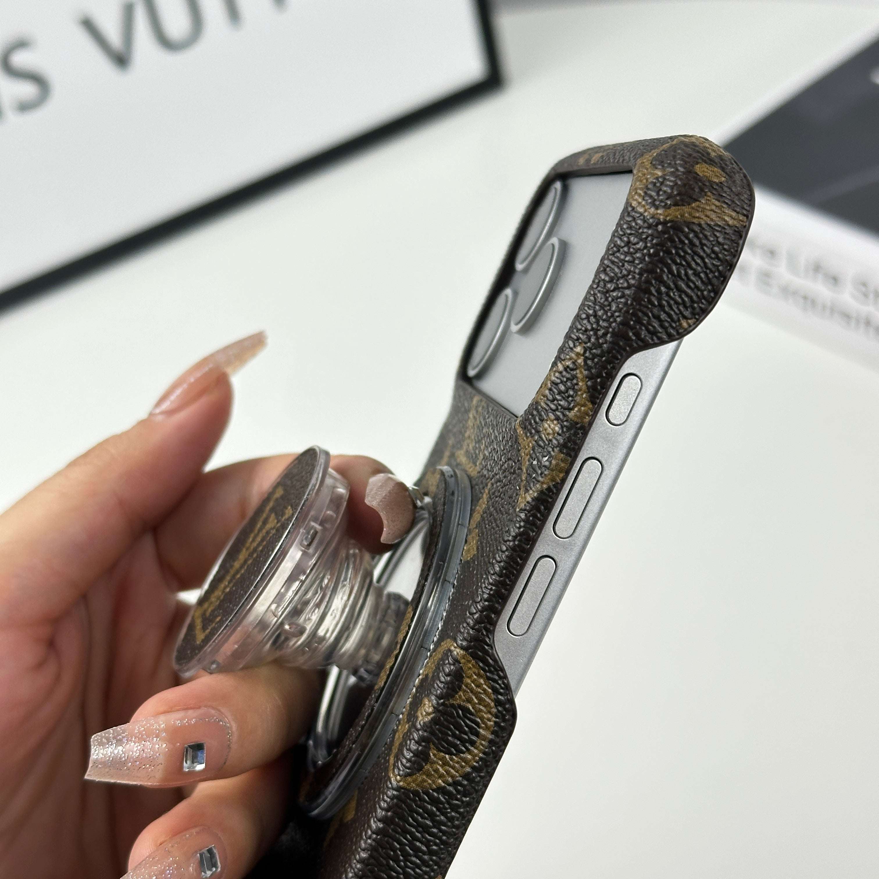 Classic Leather Monogram iPhone Case With Magnetic Stand Big Printing For iPhone 17 Series-CYLV062