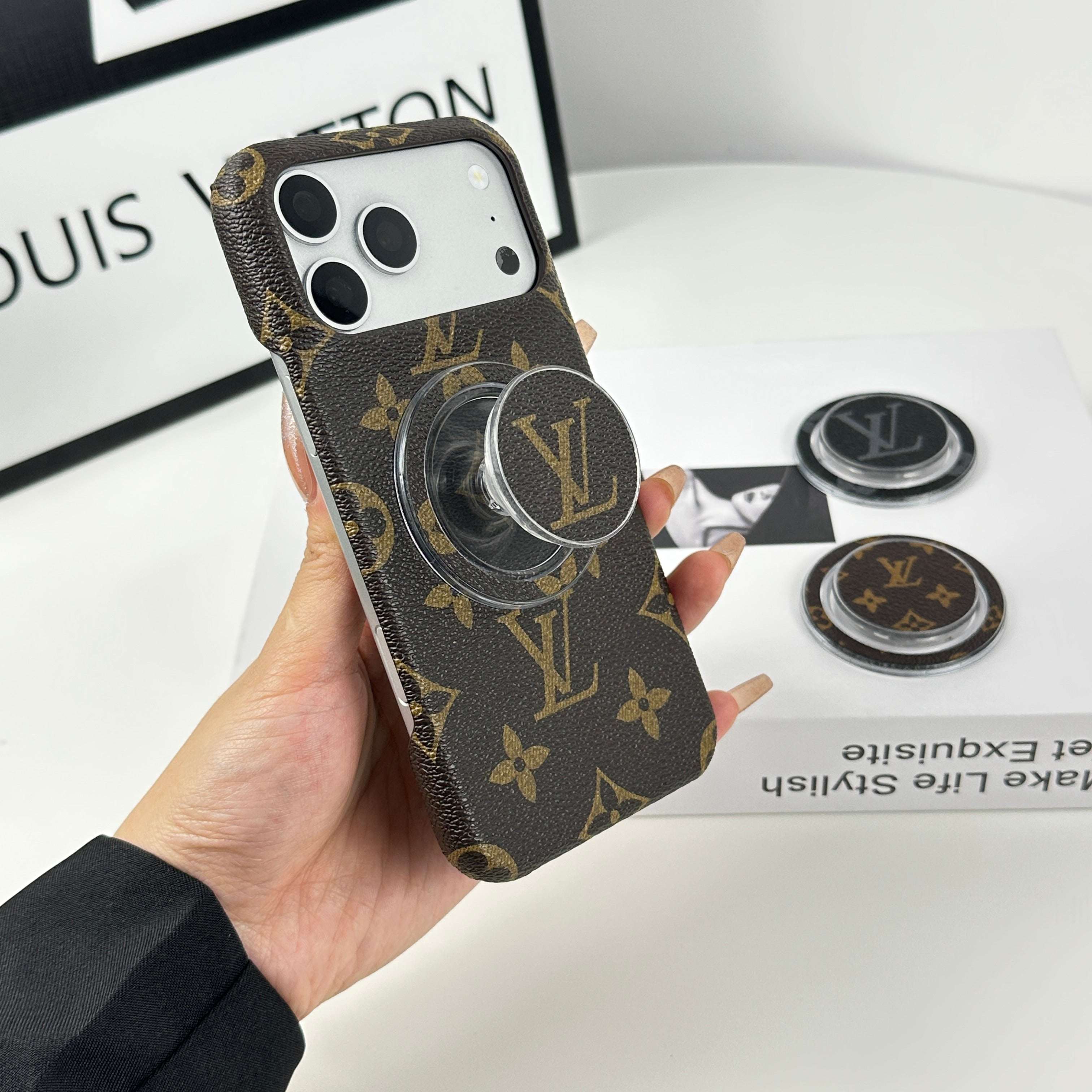 Classic Leather Monogram iPhone Case With Magnetic Stand Big Printing For iPhone 17 Series-CYLV062