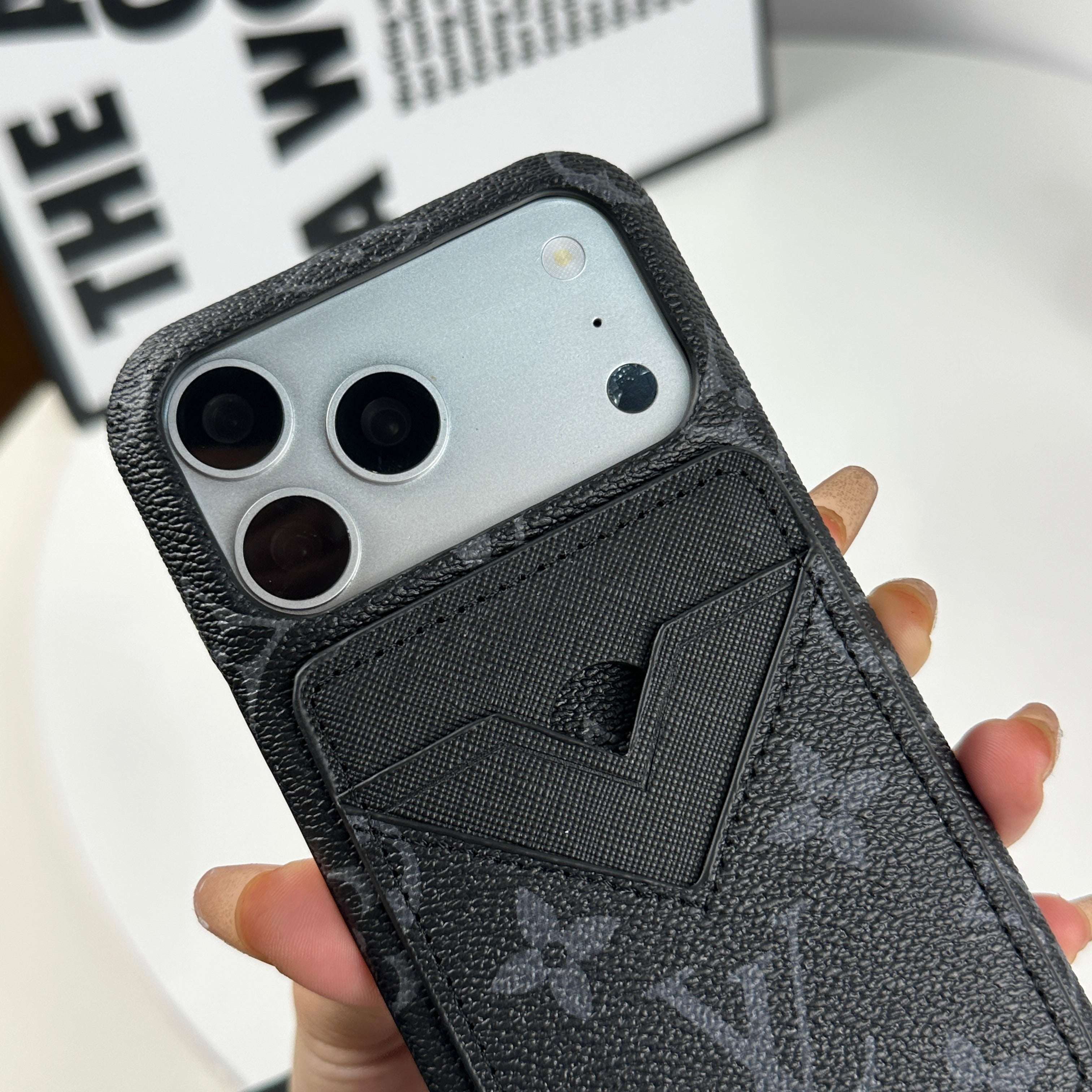 Elegant Leather Monogram iPhone Case With Magnetic Card Holder Black Printing For iPhone 17 Series-CYLV067