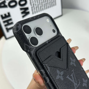 Elegant Leather Monogram iPhone Case With Magnetic Card Holder Black Printing For iPhone 17 Series-CYLV067