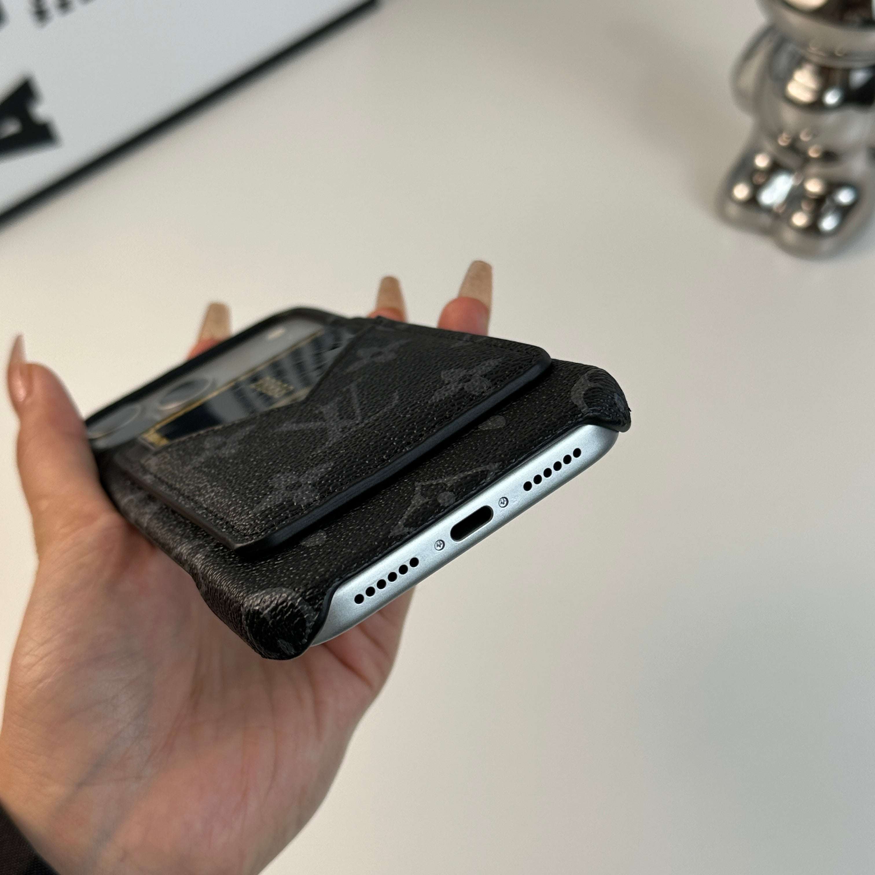 Elegant Leather Monogram iPhone Case With Magnetic Card Holder Black Printing For iPhone 17 Series-CYLV067