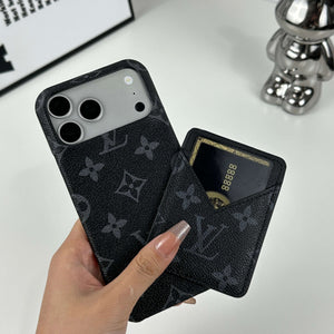 Elegant Leather Monogram iPhone Case With Magnetic Card Holder Black Printing For iPhone 17 Series-CYLV067