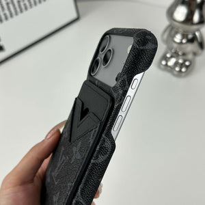 Elegant Leather Monogram iPhone Case With Magnetic Card Holder Black Printing For iPhone 17 Series-CYLV067
