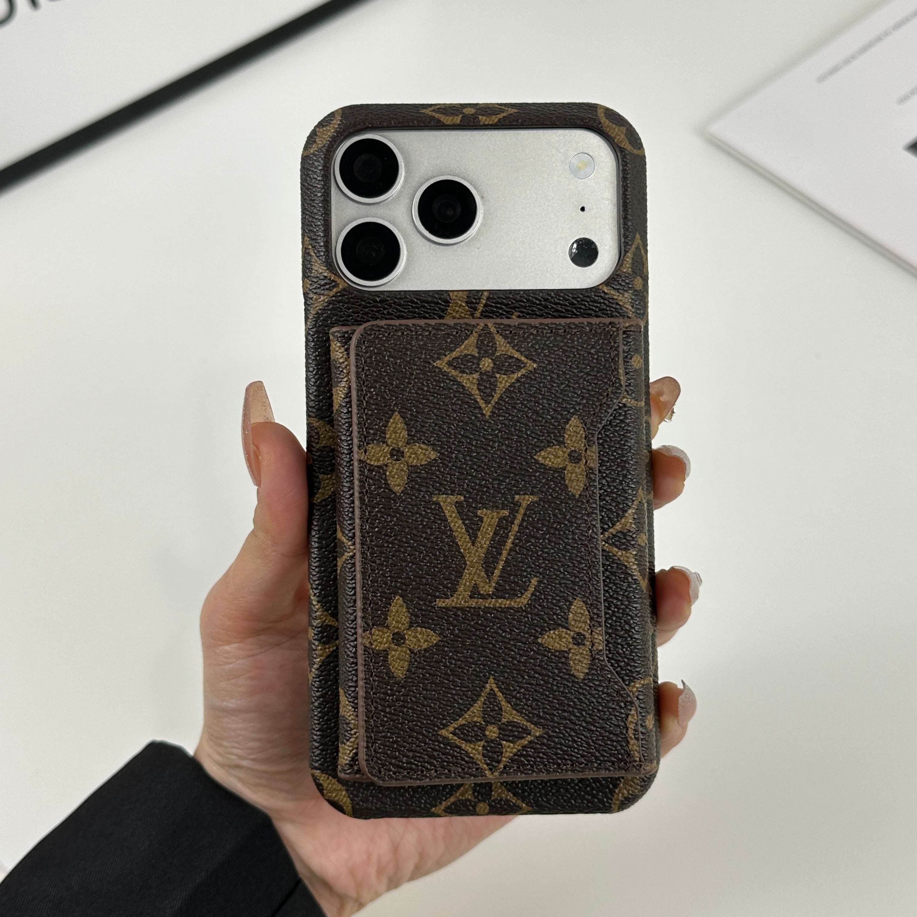 Premium Leather Monogram iPhone Case With Magnetic Wallet Big Printing For iPhone 17 Series-CYLV071