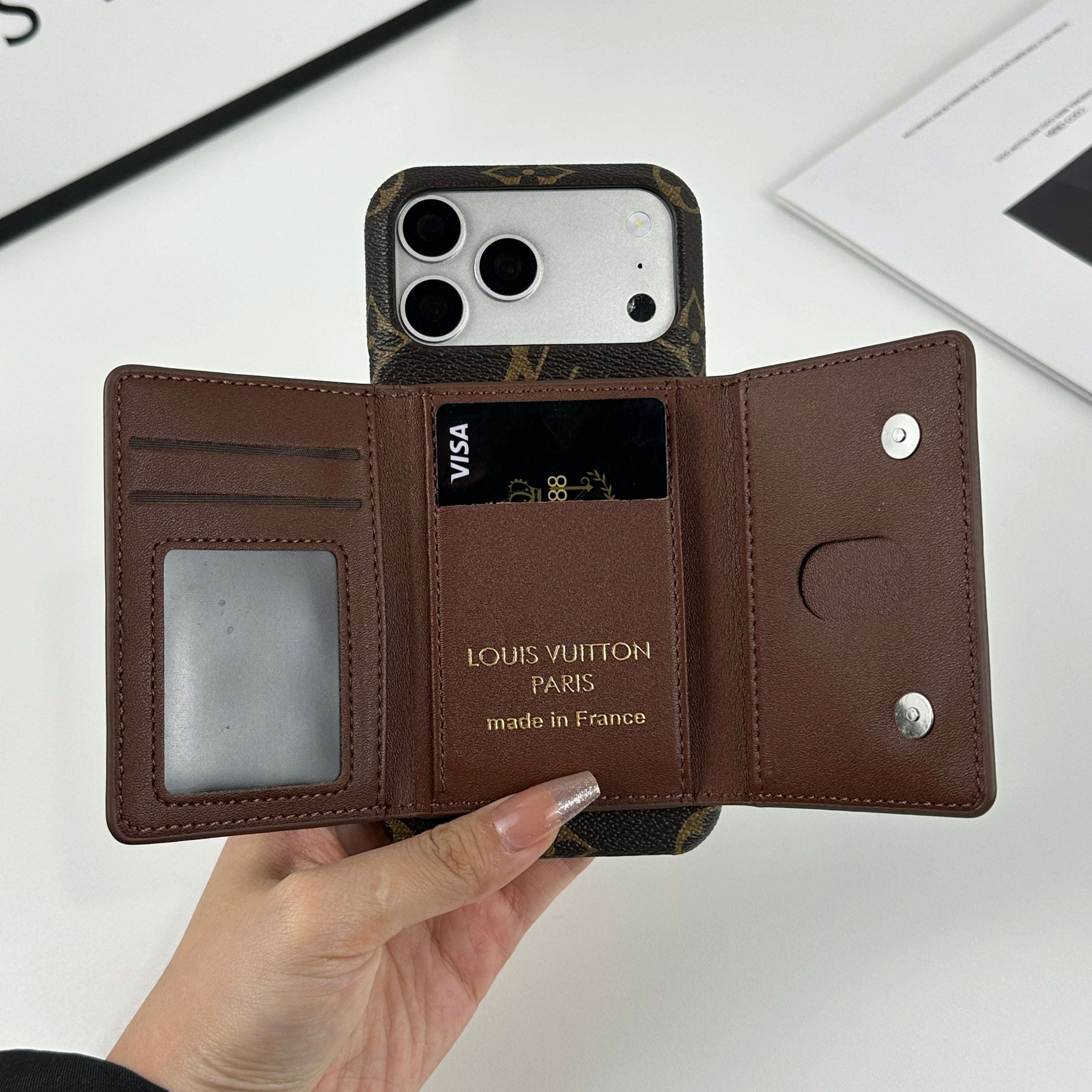 Premium Leather Monogram iPhone Case With Magnetic Wallet Big Printing For iPhone 17 Series-CYLV071