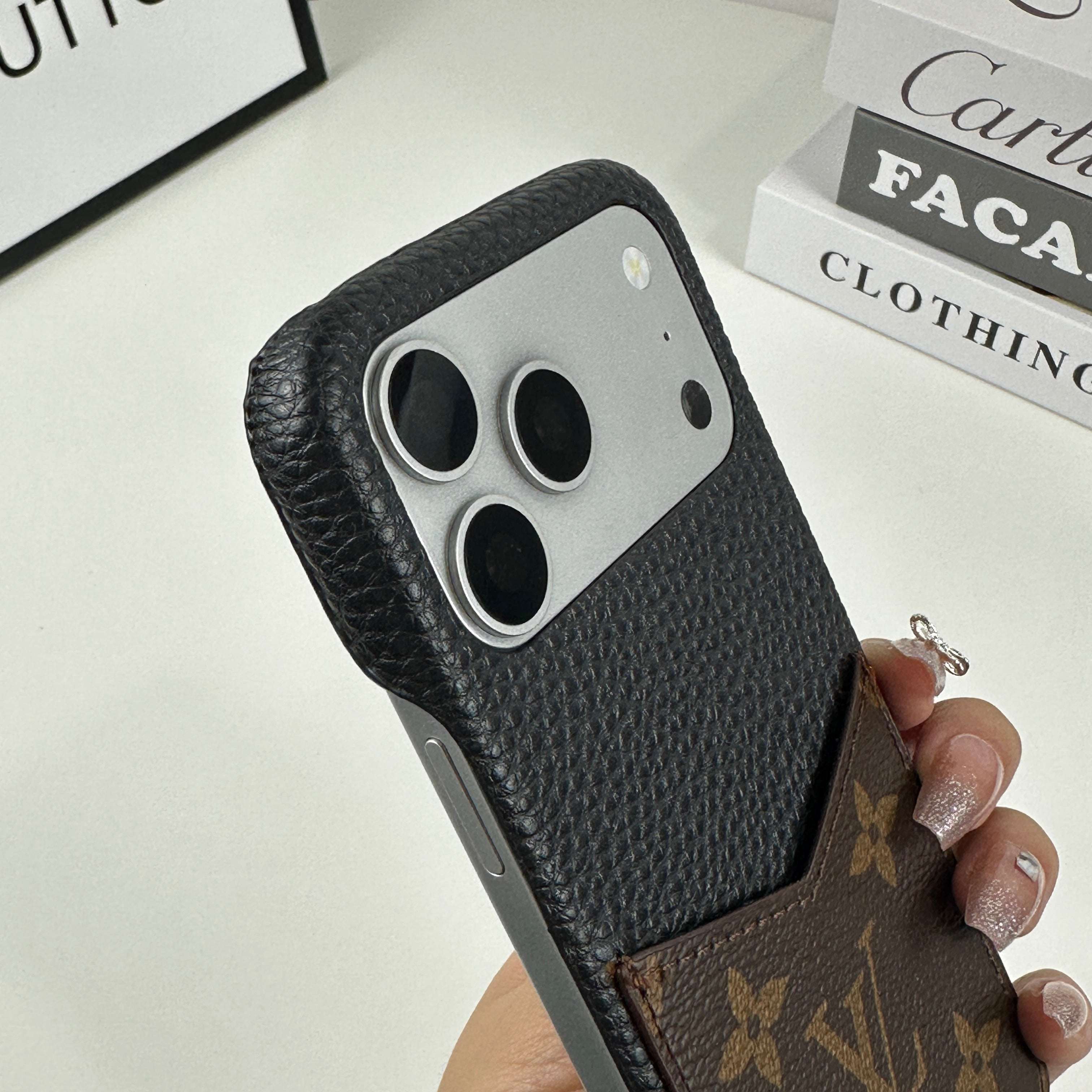 Classic Leather Monogram iPhone Case With Card Holder Big Printing For iPhone 17 Series-CYLV074