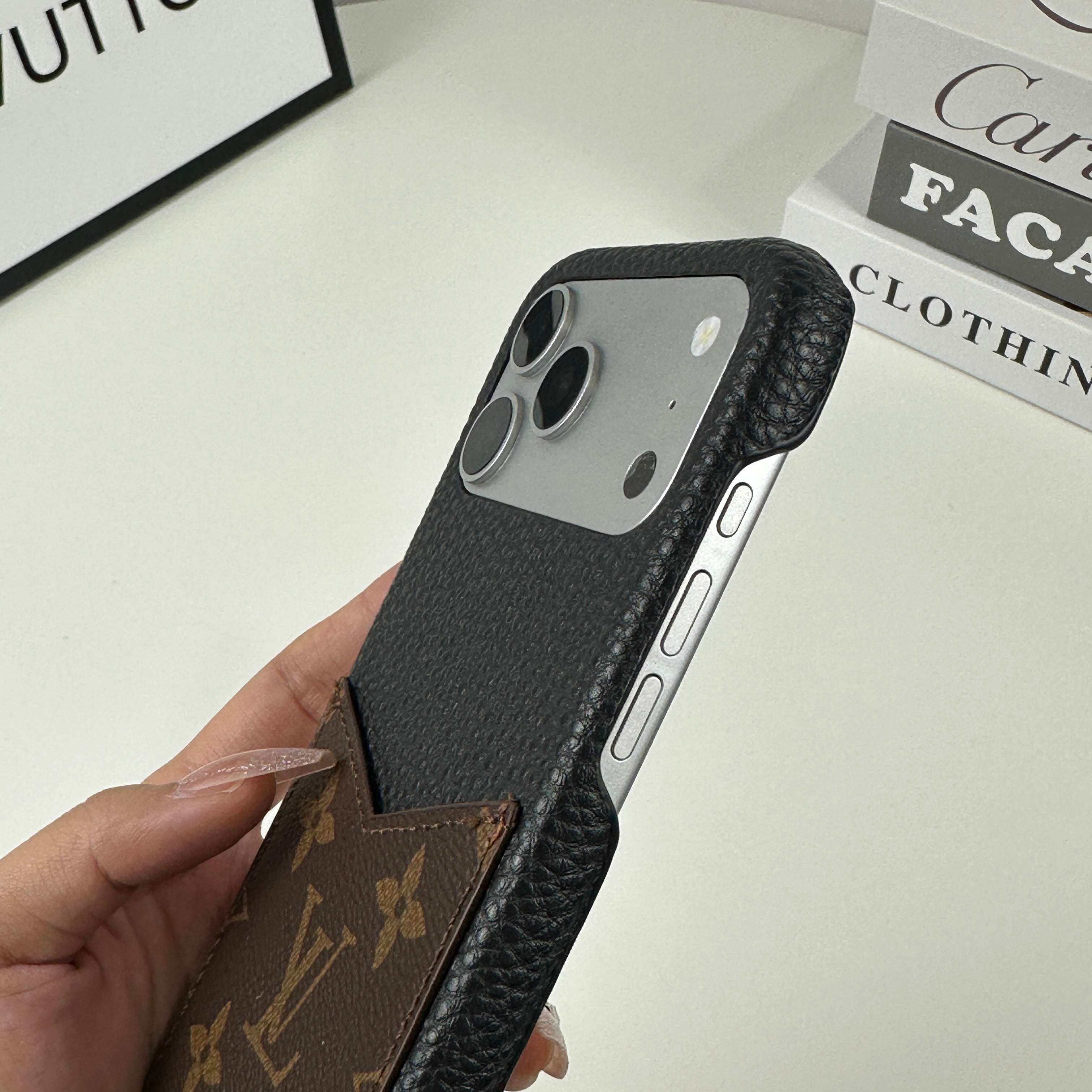 Classic Leather Monogram iPhone Case With Card Holder Big Printing For iPhone 17 Series-CYLV074