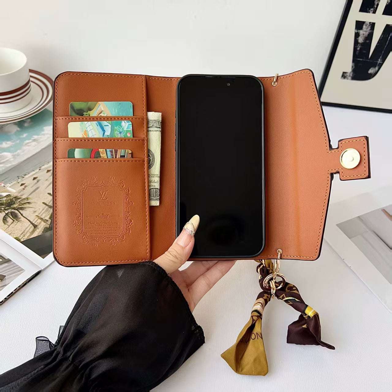 Leather Monogram iPhone Case With Wallet And Crossbody Strap For iPhone 17 Series-CYLV081