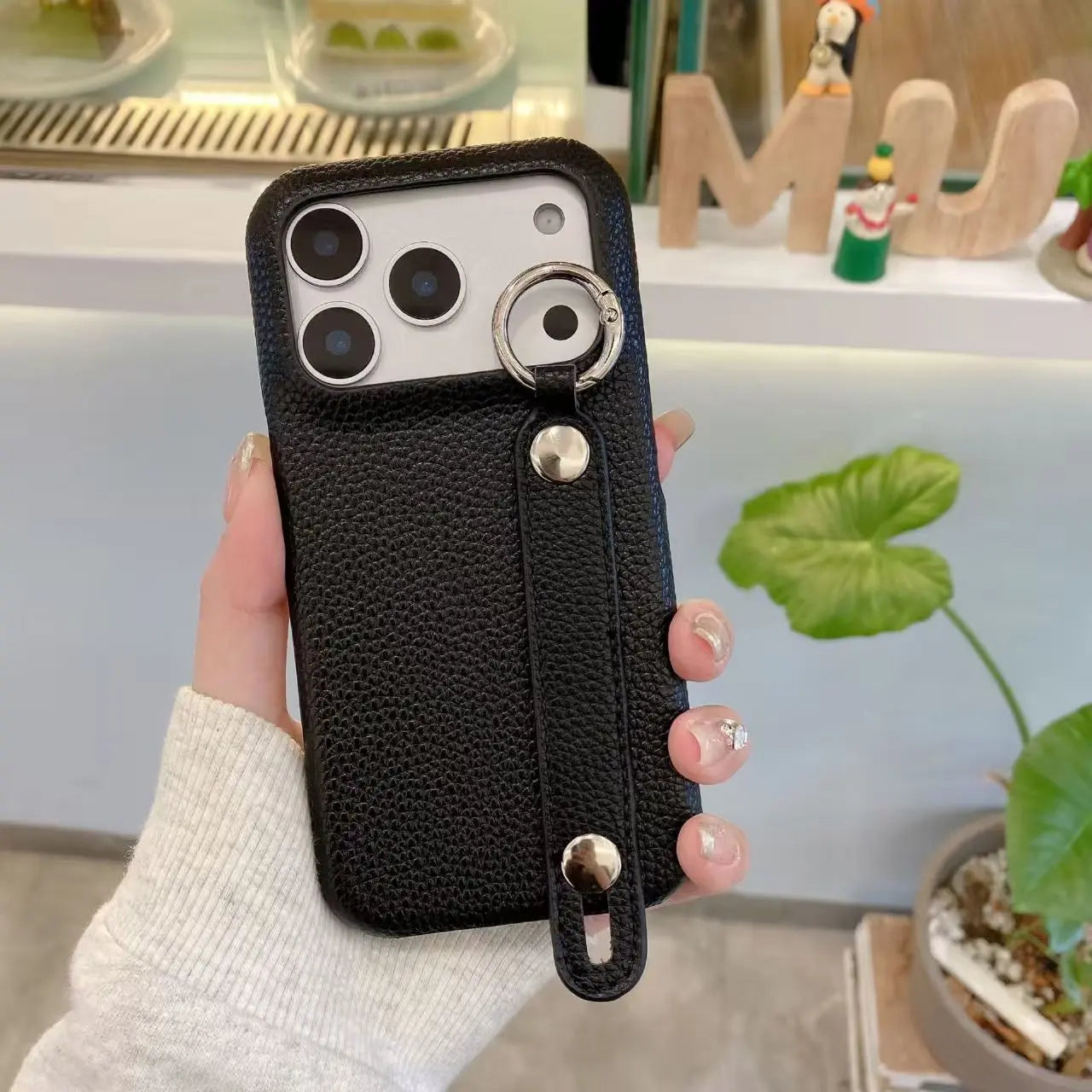 Leather iPhone Case with Wrist Strap And Holder Black-BC25015 Burycase