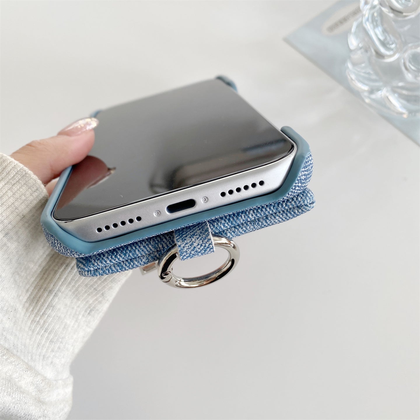 Fabric iPhone Case With Wallet And Strap Blue-BC25027
