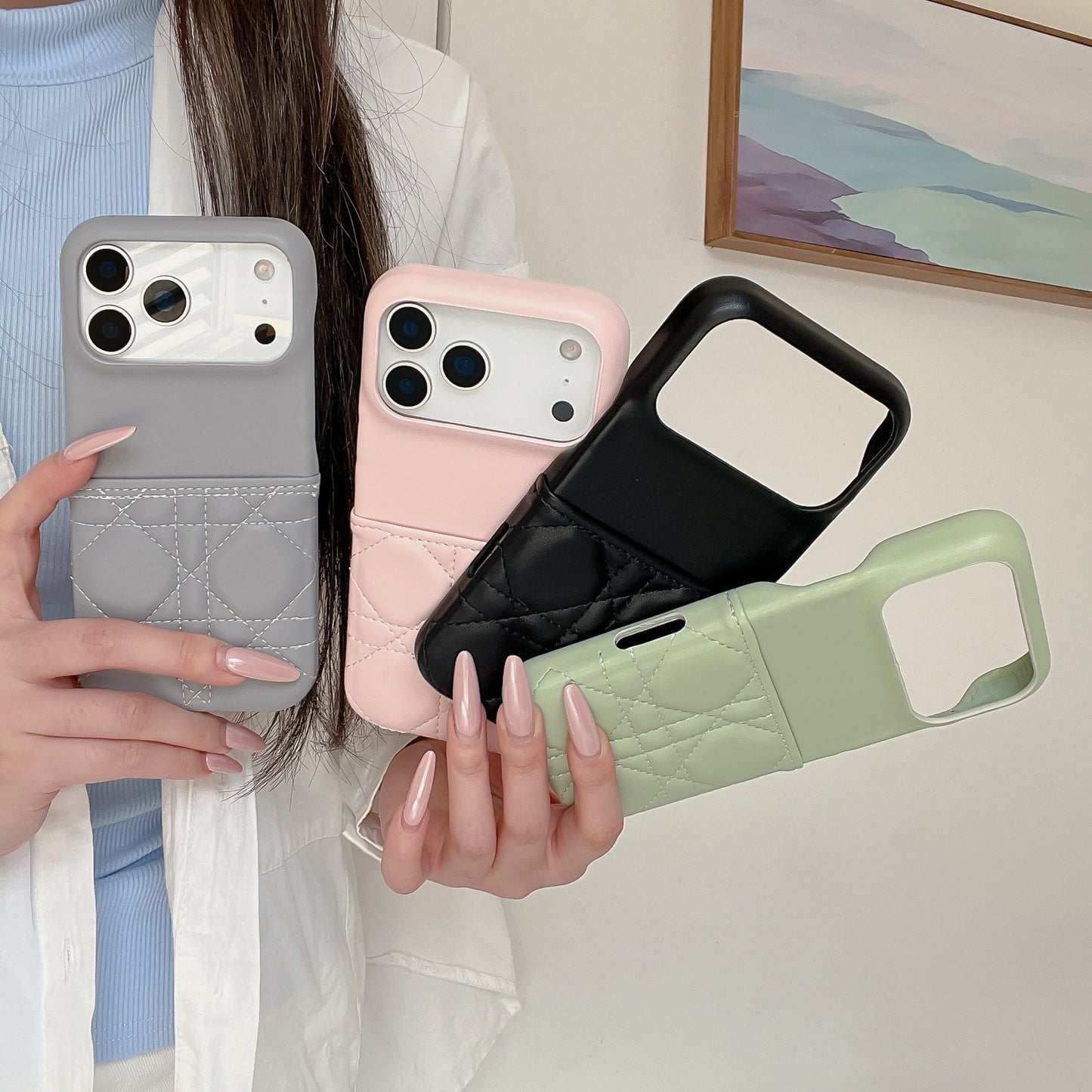 Leather iPhone Case with Card Holder Pink-BC25019