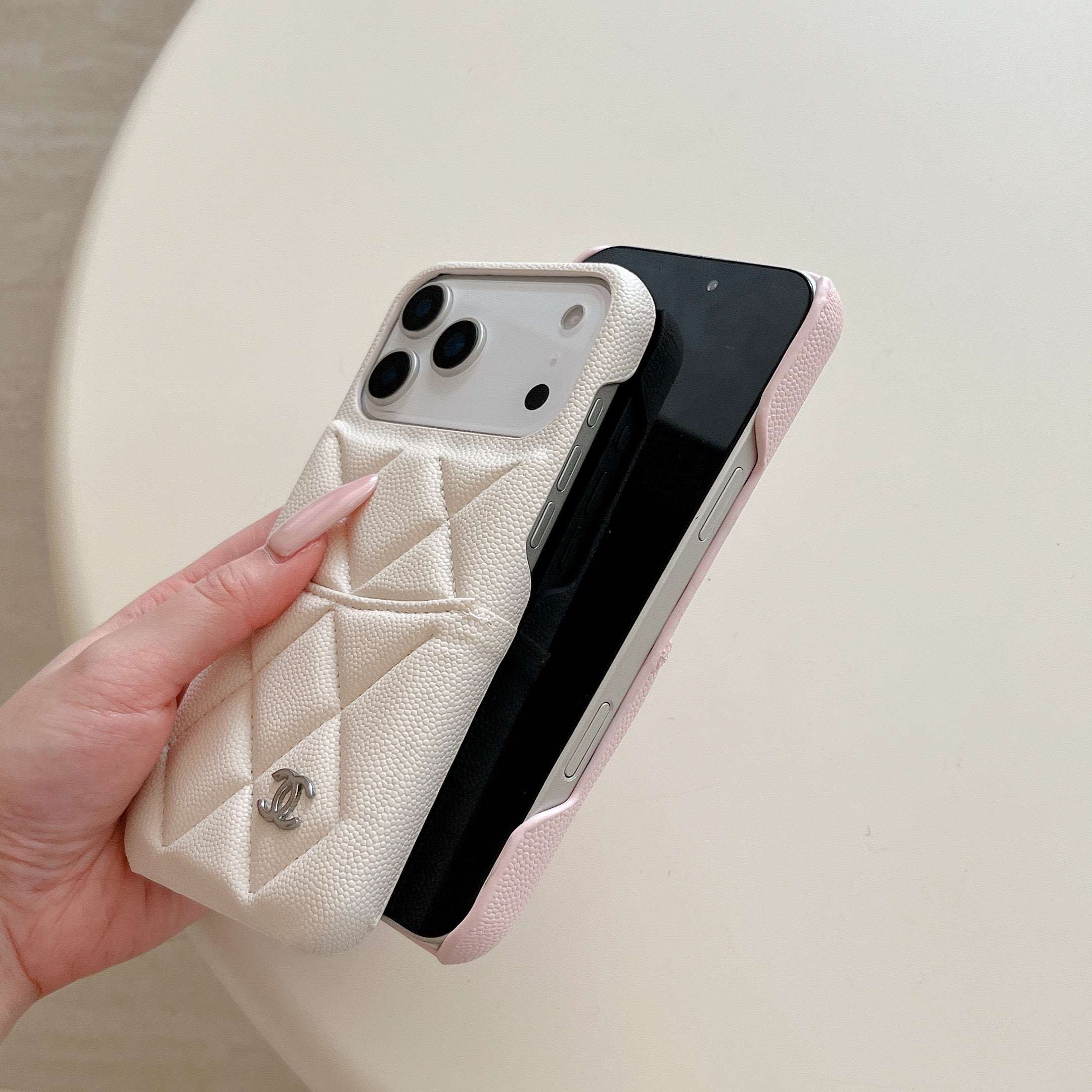 Luxury Leather CC iPhone Case With Card Holder White For iPhone 17 Series-CYCC056