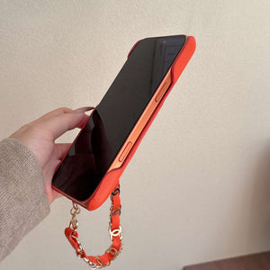 Textured Leather CC iPhone Case With Wallet And Wrist Strap Orange For iPhone 17 Series-CYCC046