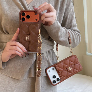 Textured Leather CC iPhone Case With Wallet And Wrist Strap Brown For iPhone 17 Series-CYCC045