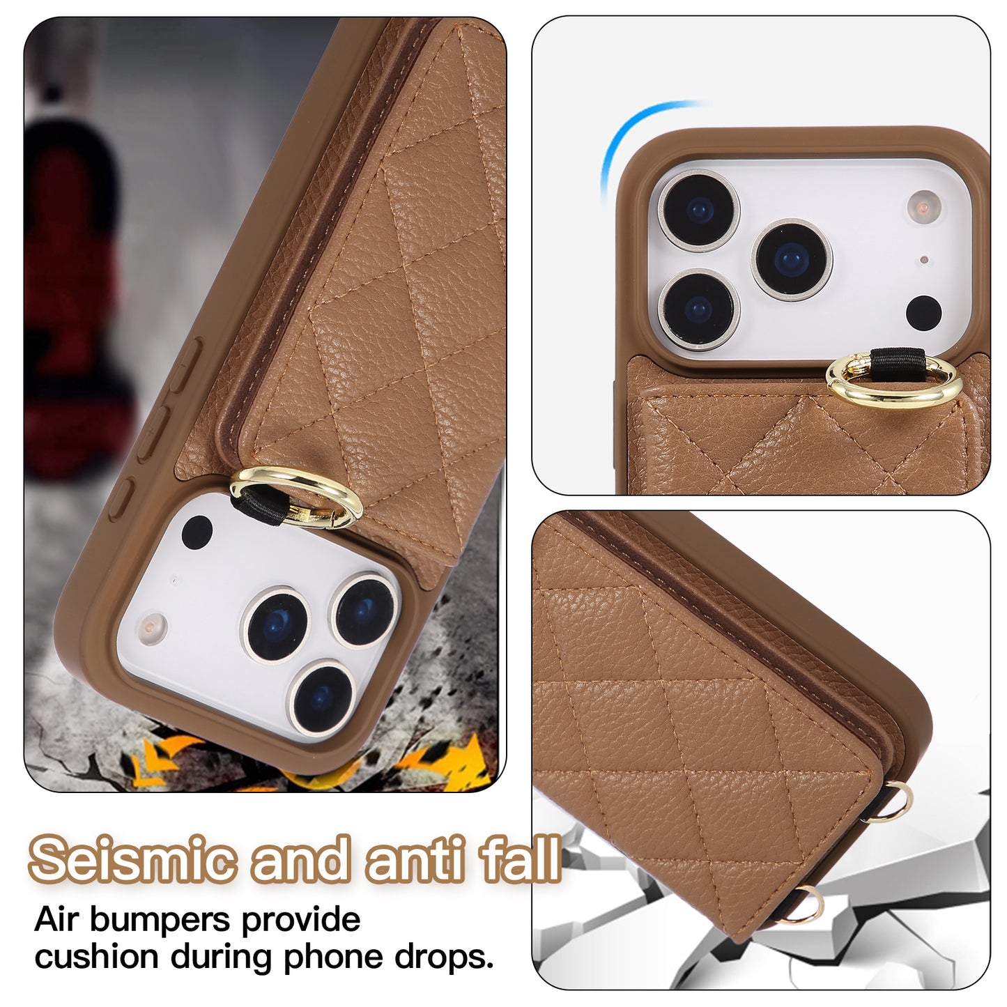 Leather iPhone Cases With Card Holder And Strap（With Mirror）Brown-BC25032