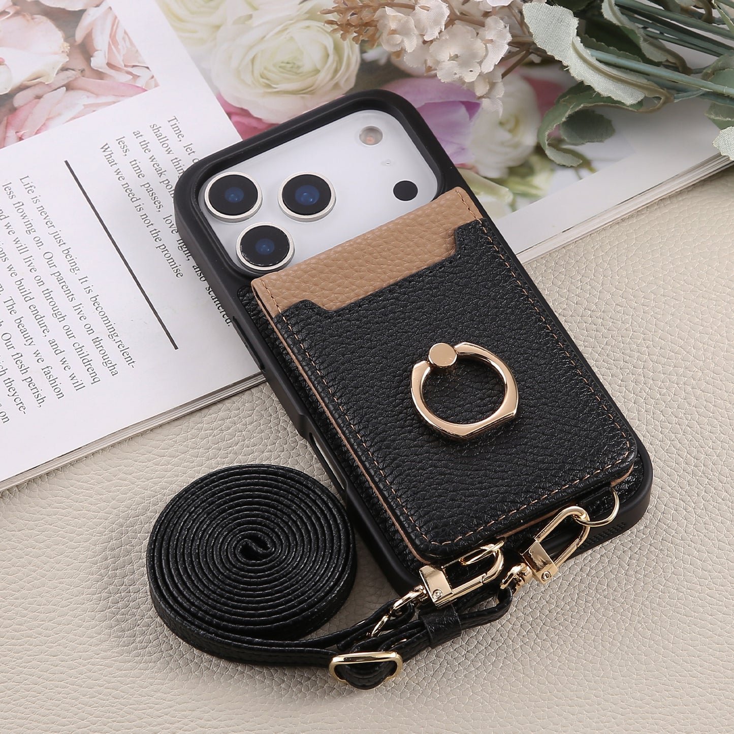 Leather iPhone Cases With Card Holder And Strap（With Stand）Black-BC25038