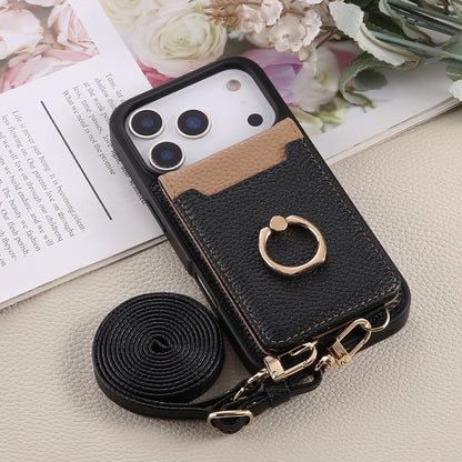 Leather iPhone Cases With Card Holder And Strap（With Stand）Black-BC25038