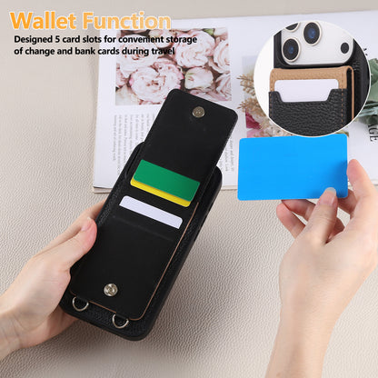 Leather iPhone Cases With Card Holder And Strap（With Stand）Black-BC25038