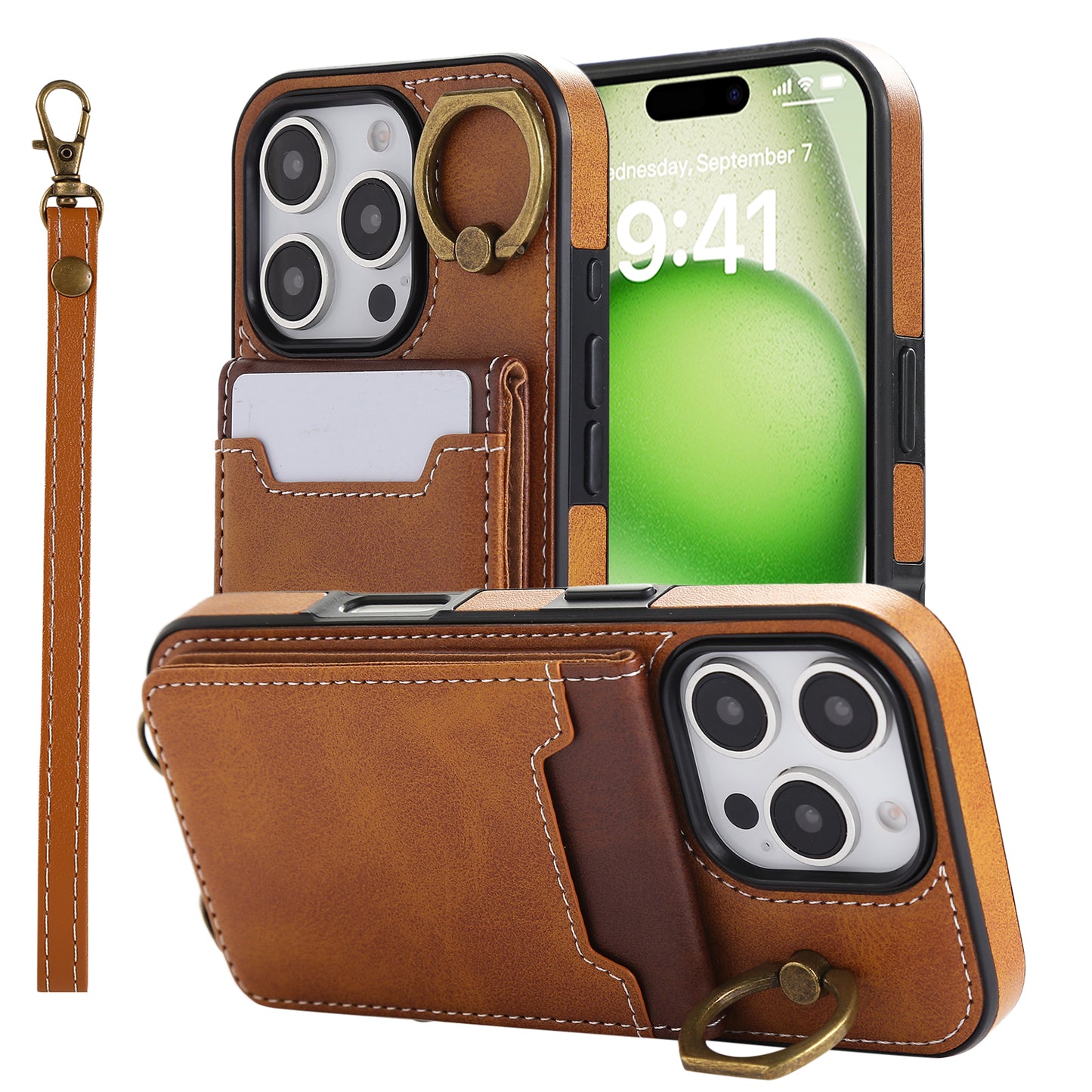 Leather iPhone Cases With Card Holder And  Wrist Strap Brown-BC25042