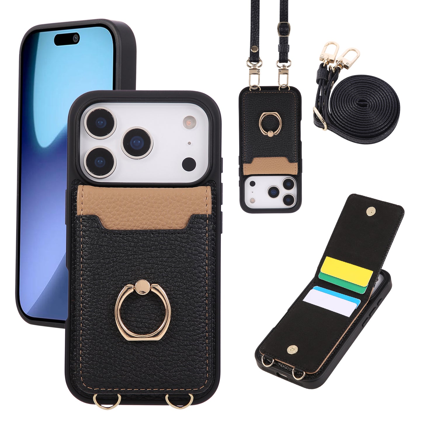 Leather iPhone Cases With Card Holder And Strap（With Stand）Black-BC25038