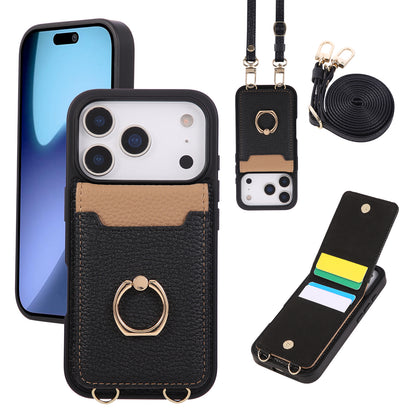 Leather iPhone Cases With Card Holder And Strap（With Stand）Black-BC25038