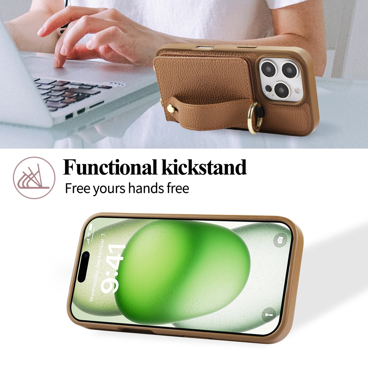 iPhone Case With Card Holder And Strap（With Holder）Brown -BC25037