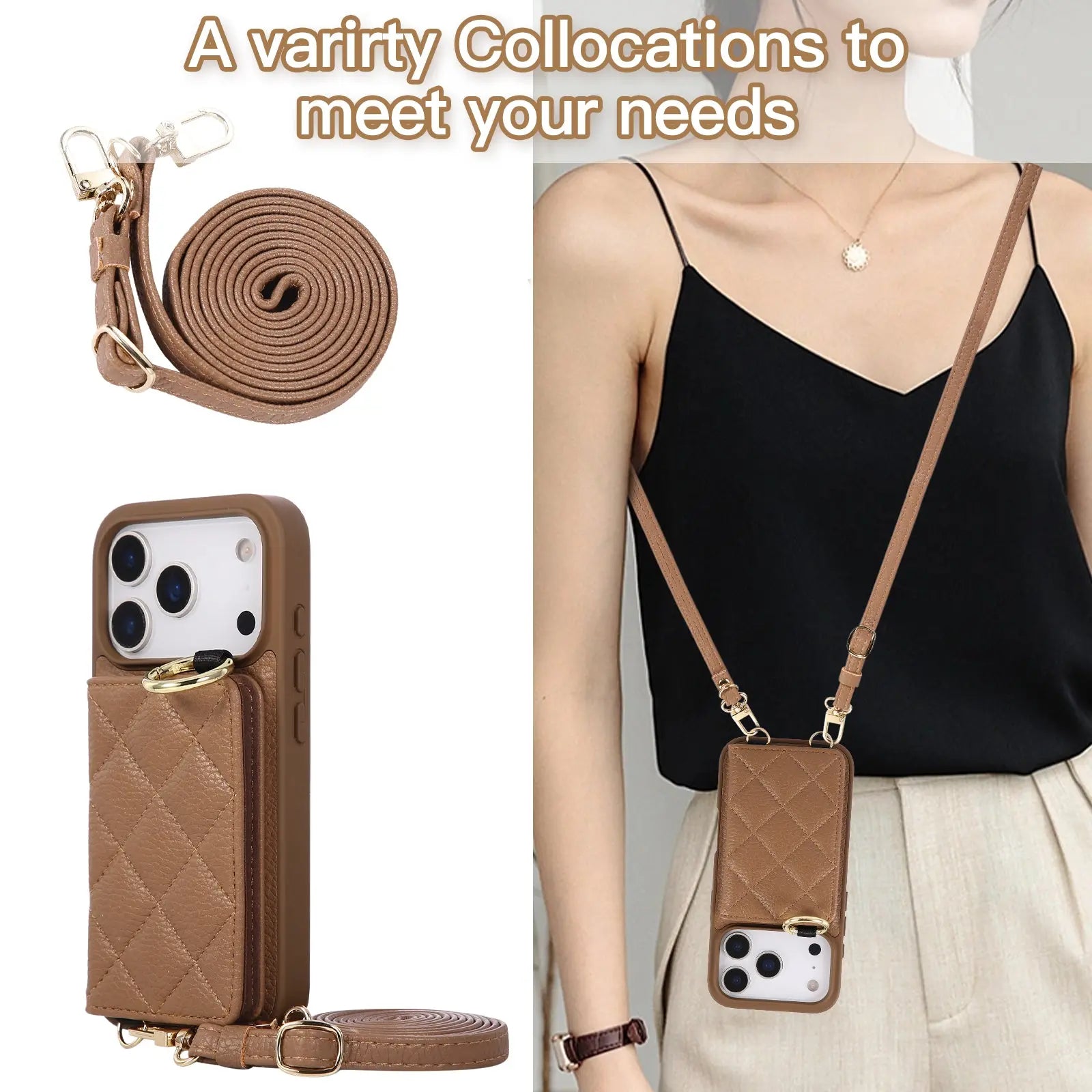 Leather iPhone Cases With Card Holder & Mirror And Strap Brown-BC25032 Burycase