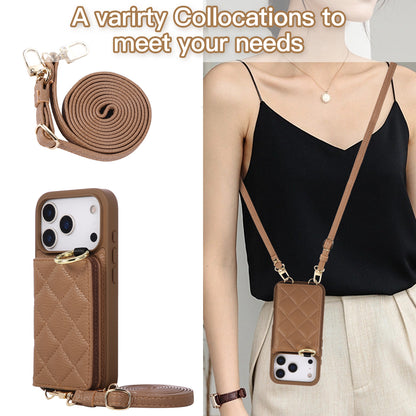 Leather iPhone Cases With Card Holder And Strap（With Mirror）Brown-BC25032