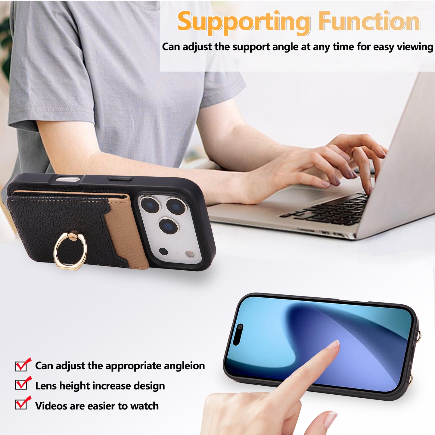 Leather iPhone Cases With Card Holder And Strap（With Stand）Black-BC25038