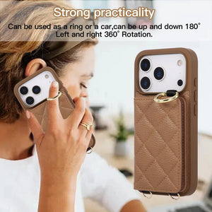 Leather iPhone Cases With Card Holder & Mirror And Strap Brown-BC25032 Burycase