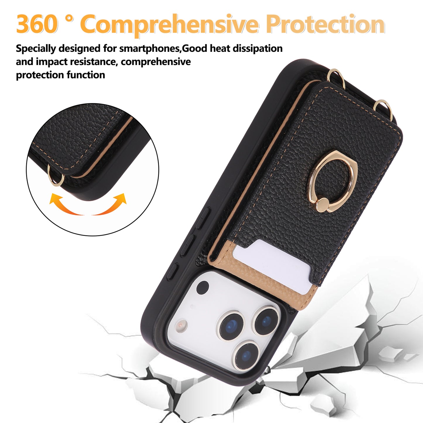 Leather iPhone Cases With Card Holder And Strap（With Stand）Black-BC25038