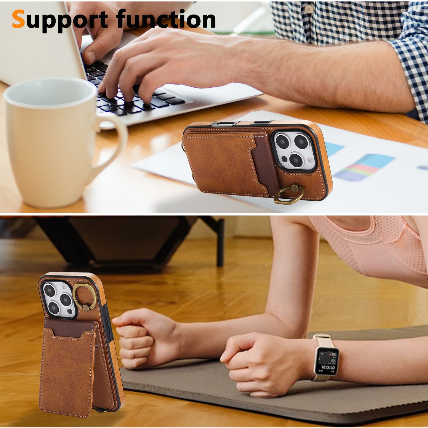 Leather iPhone Cases With Card Holder And  Wrist Strap Brown-BC25042