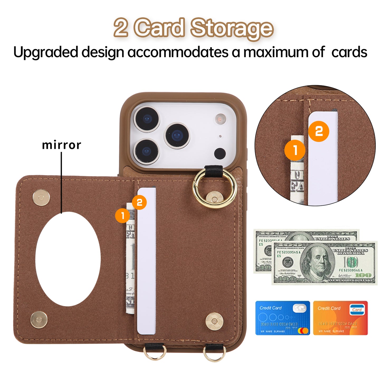 Leather iPhone Cases With Card Holder And Strap（With Mirror）Brown-BC25032