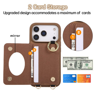 Leather iPhone Cases With Card Holder & Mirror And Strap Brown-BC25032 Burycase