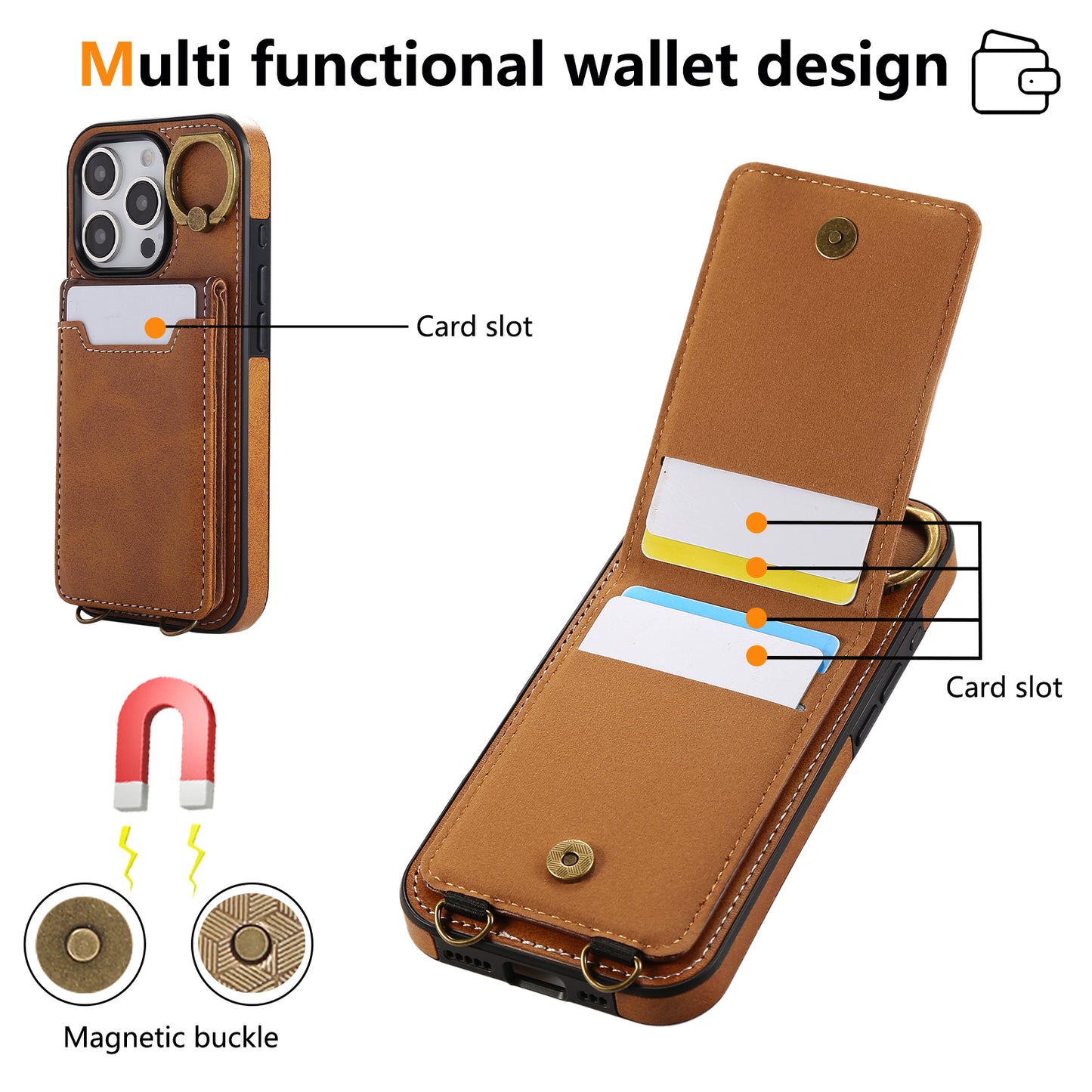Leather iPhone Cases With Card Holder And  Wrist Strap Brown-BC25042
