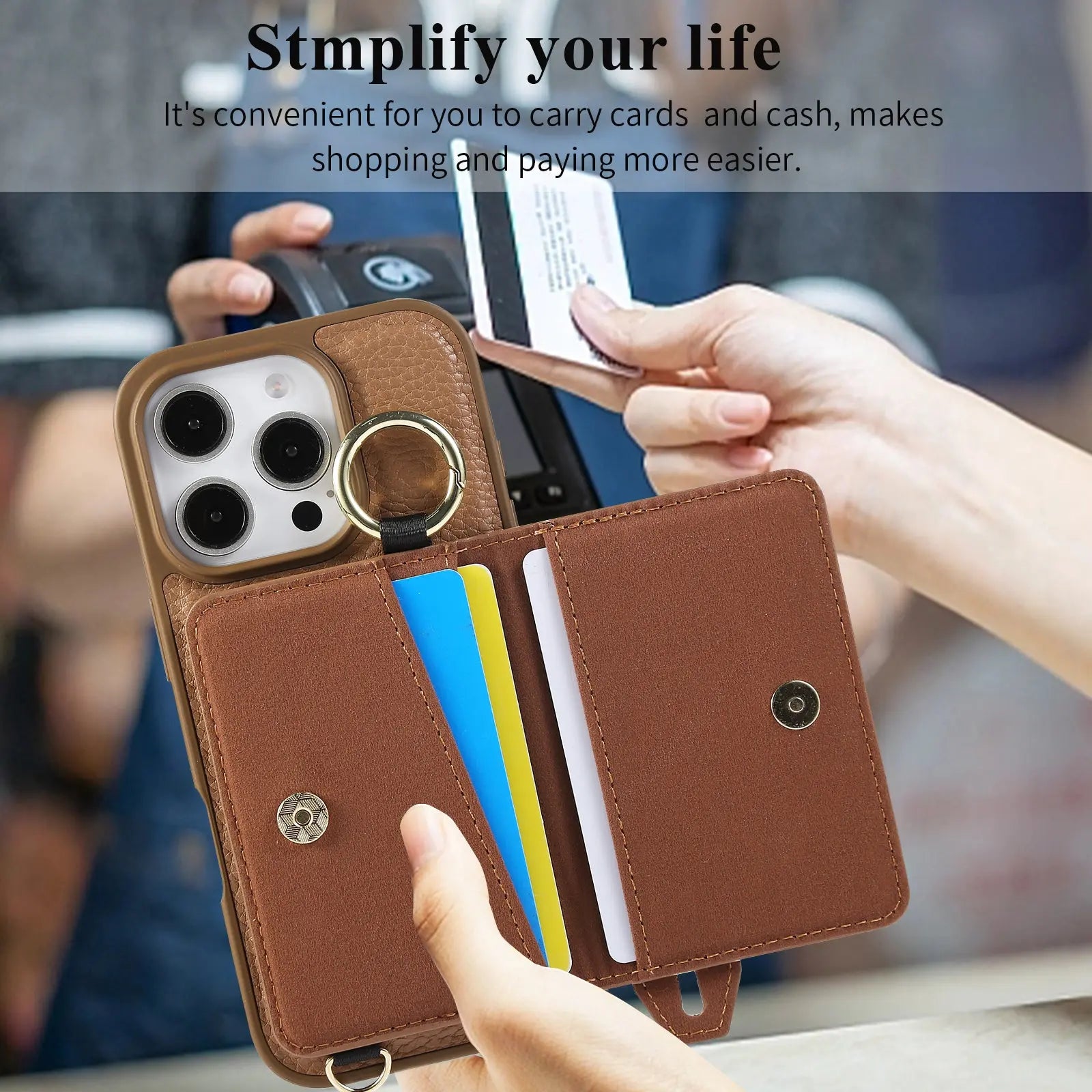iPhone Case With Card Holder And Strap Brown -BC25037 Burycase