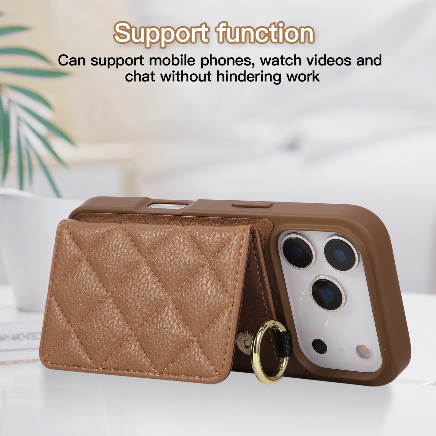 Leather iPhone Cases With Card Holder And Strap（With Mirror）Brown-BC25032