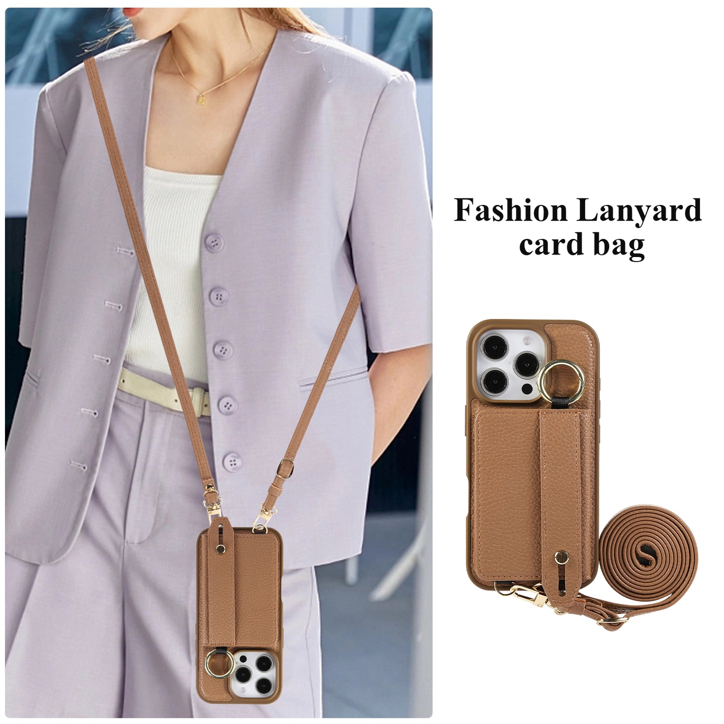 iPhone Case With Card Holder And Strap（With Holder）Brown -BC25037