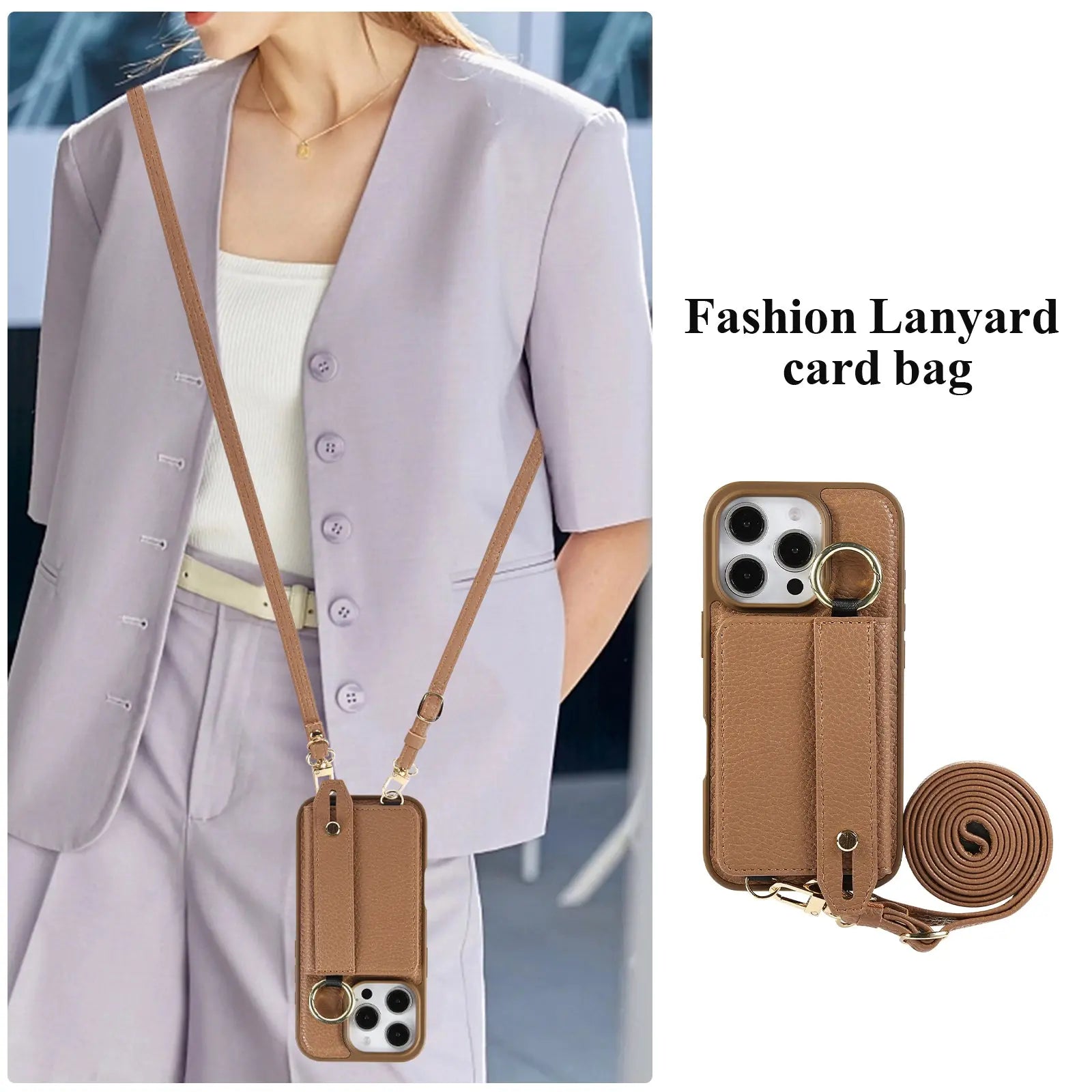 iPhone Case With Card Holder And Strap Brown -BC25037 Burycase
