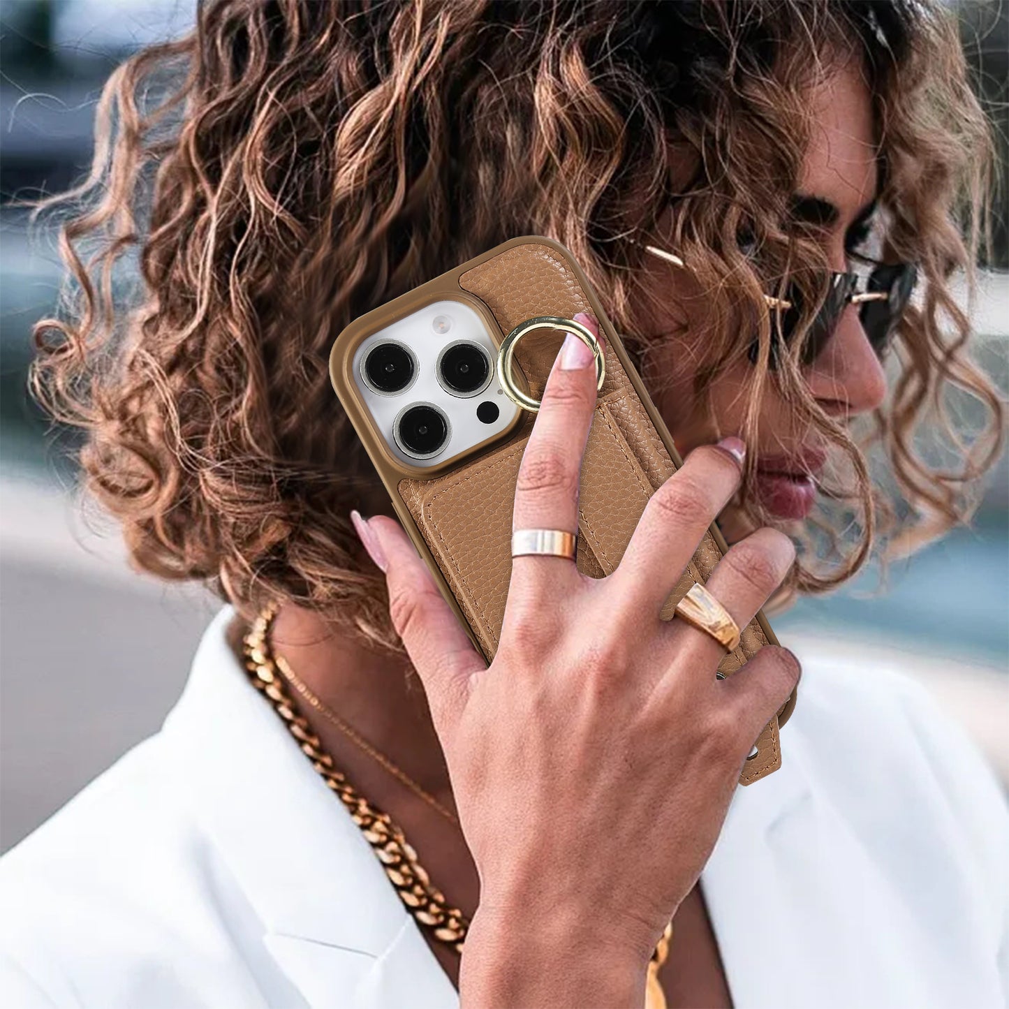 iPhone Case With Card Holder And Strap（With Holder）Brown -BC25037