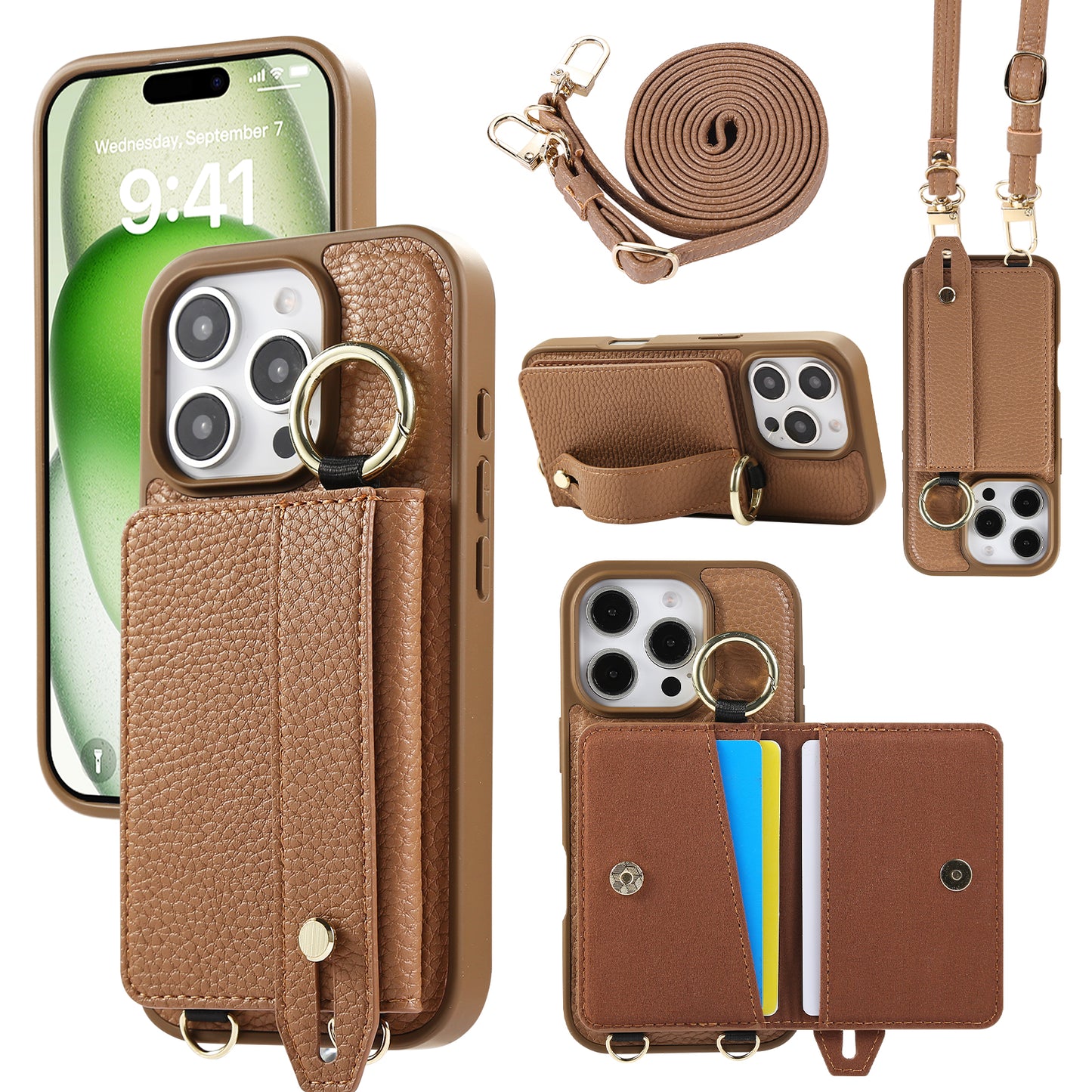 iPhone Case With Card Holder And Strap（With Holder）Brown -BC25037
