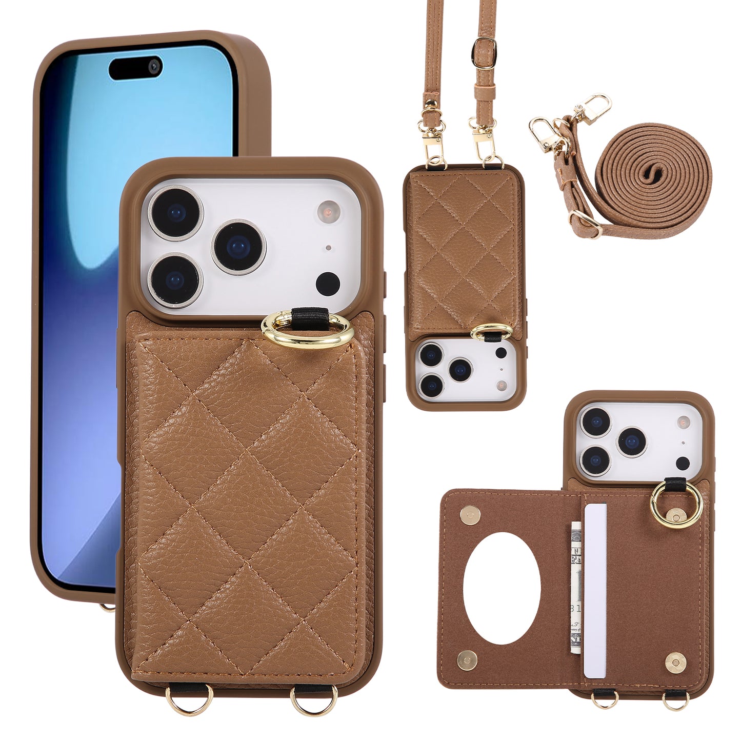 Leather iPhone Cases With Card Holder And Strap（With Mirror）Brown-BC25032