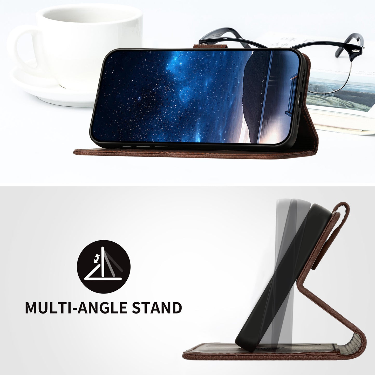 Leather iPhone Cases With Card Holder and Wrist Strap Brown-BC25086