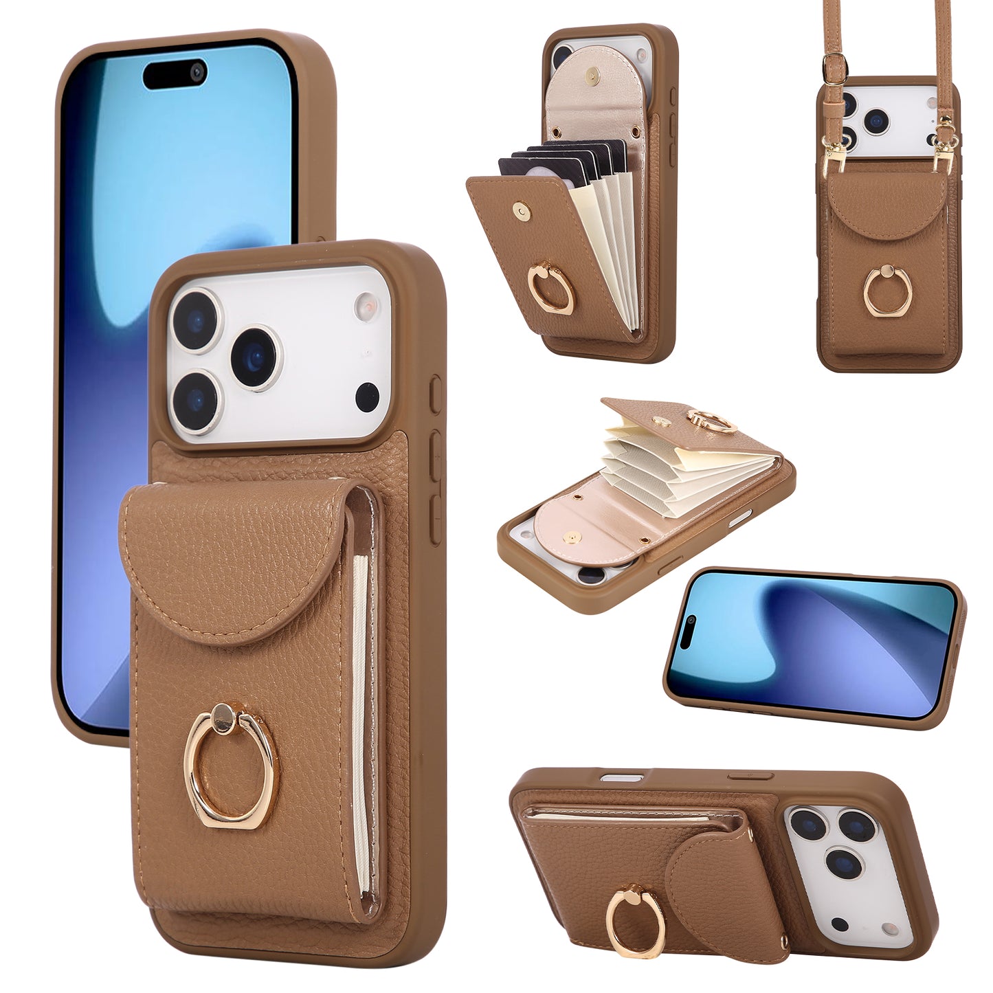 Leather iPhone Cases With Card Holder And Strap（With Stand）Brown-BC25030