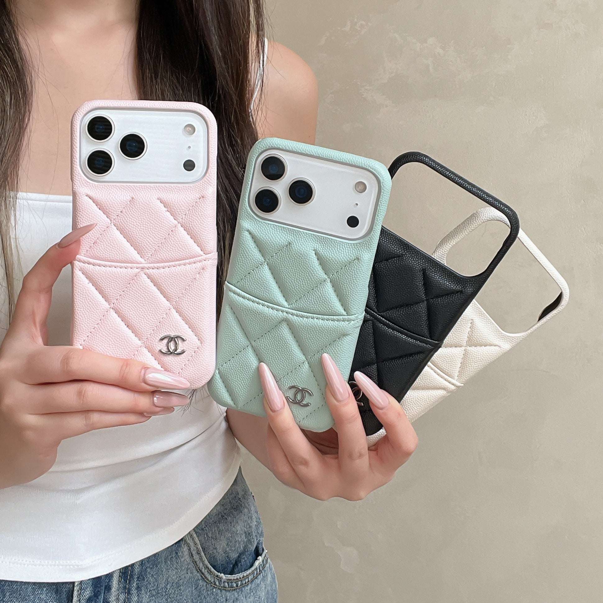 Luxury Leather CC iPhone Case With Card Holder White For iPhone 17 Series-CYCC056